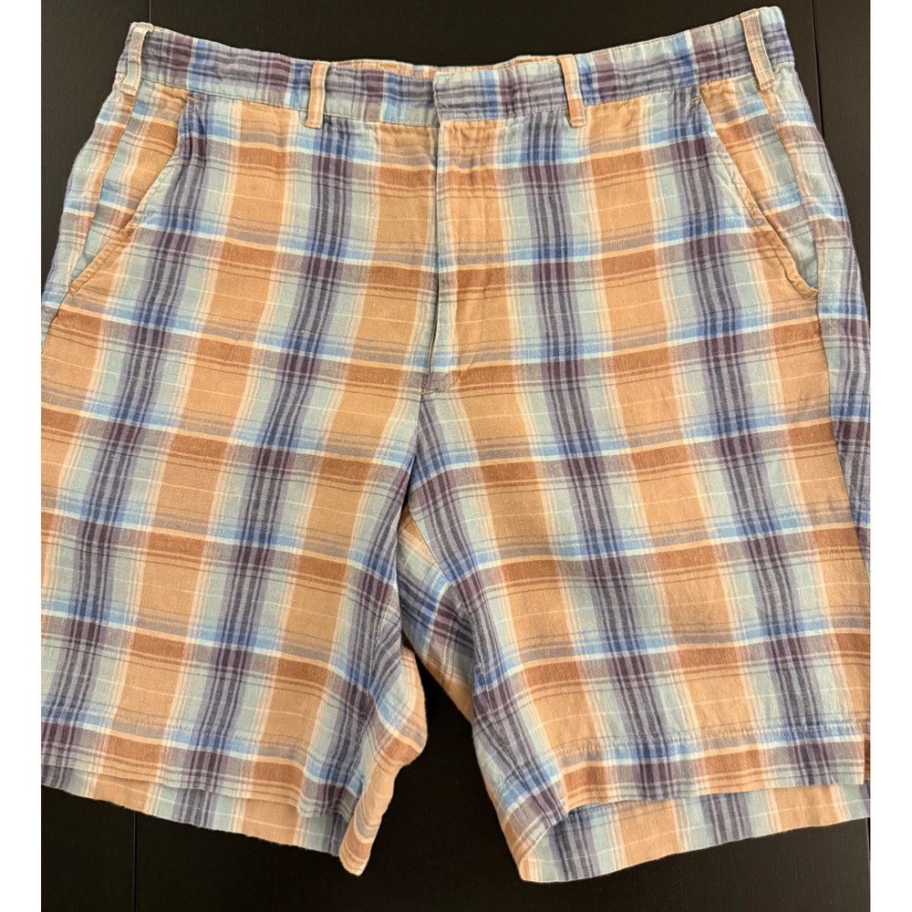 Corbin 9" Linen Shorts Mens Size 36 Plaid Blue/Tan Lightweight Summer Resortwear